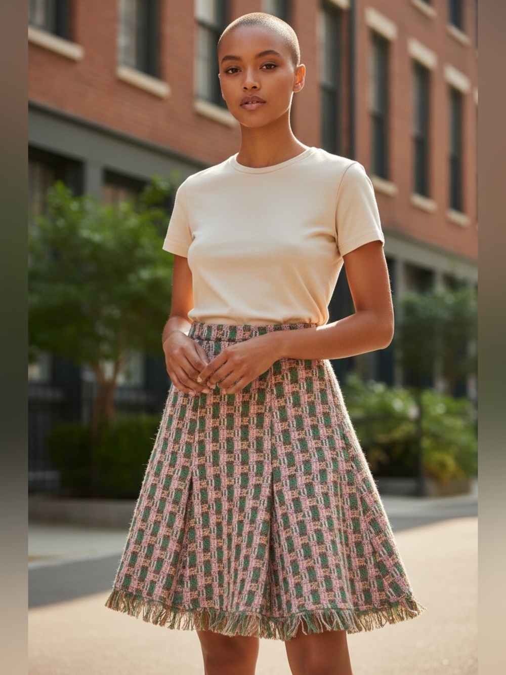 New REVOLVE Eva Franco Pink & Green Tweed Fringe Hem Midi Skirt Size 6